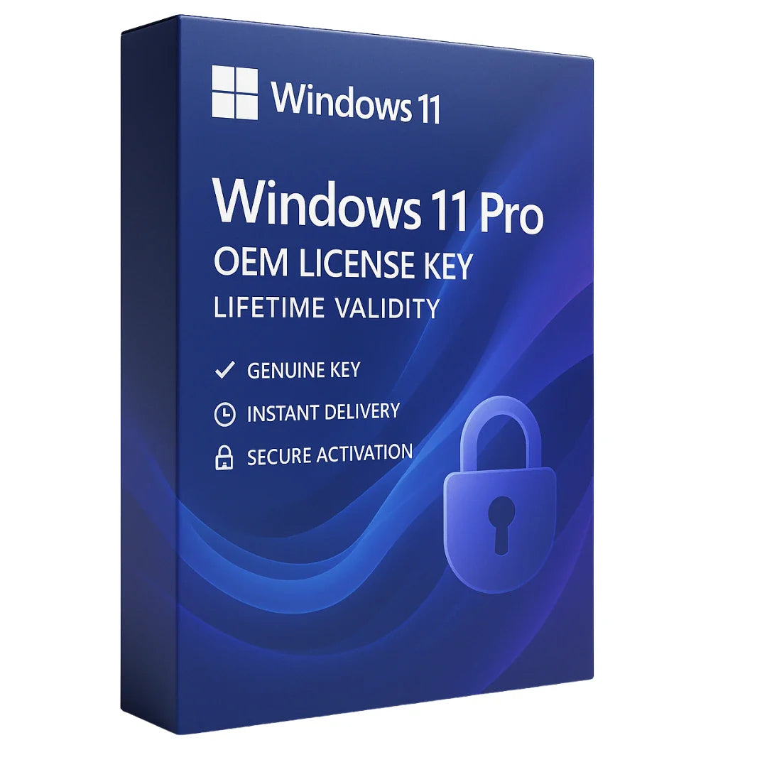 Windows 11 Pro OEM License Key packaging with blue and white design